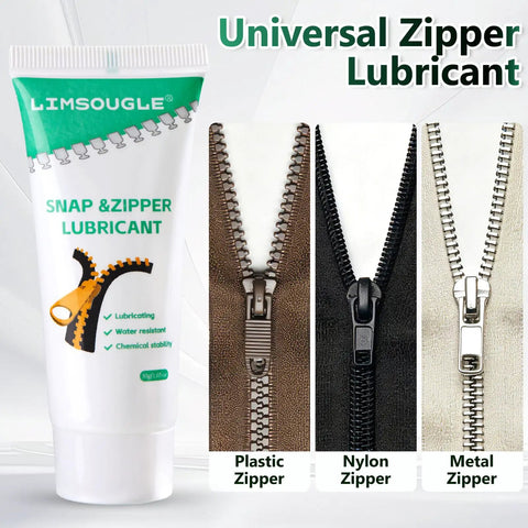 Zipper Lubricant For Plastic And Metal With Silicone Grease And Applicator Brush shown with plastic, nylon, metal zippers