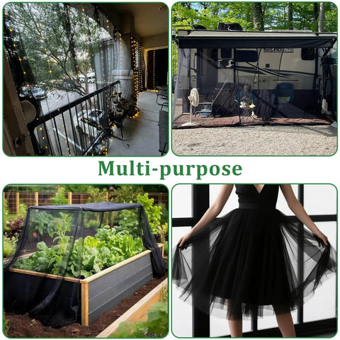 Two Pack Mosquito Netting For Patio And Garden Black 10 X 16.5 Ft Poly Mesh Screen installed on balcony and garden bed
