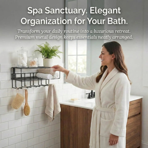 Woman organizing bathroom essentials on a wall-mounted metal rack above a sink.