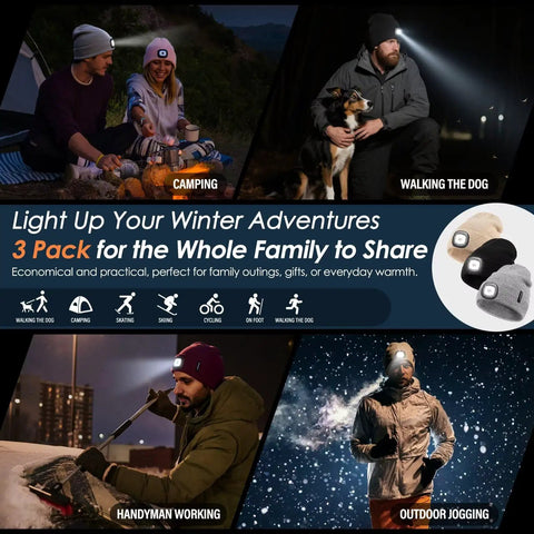 Collage of LED Beanie With Built-In USB Rechargeable Light For Men And Women in outdoor activities, camping and jogging.