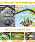 Image showing before and after installation of 10.5 Inch Hummingbird Feeder Shade Dome Cover Rain Guard Weather Shield For Bird Feeders Umbrella Roof Squirrel Baffle Flower Design Light Green 2 Pack No Fuss Easy Install.