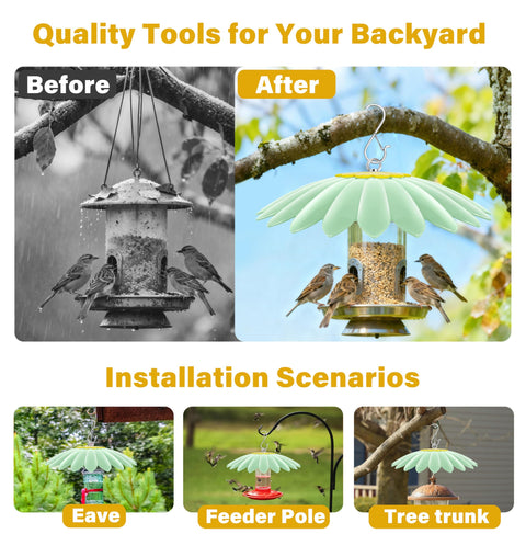 Image showing before and after installation of 10.5 Inch Hummingbird Feeder Shade Dome Cover Rain Guard Weather Shield For Bird Feeders Umbrella Roof Squirrel Baffle Flower Design Light Green 2 Pack No Fuss Easy Install.