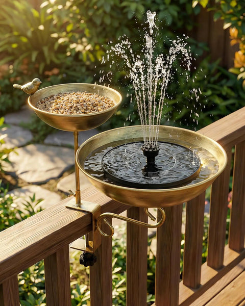 Dual Tier Deck Mounted Bird Bath With Grip Guard Railing Clamp And Seed Feeder For Balconies Apartments And Patios Hustle Free Setup with water fountain and bird feeder