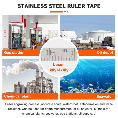 Collage showcasing Heavy Duty Stainless Steel Oil Tank Gauging Tape 33Ft in gas stations, oil depots, chemical plants, and seawater applications.