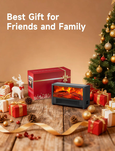 Small Space Heater With Realistic Volcanic Flame Ambiance For A Cozy Vibe 600W Portable Desk Heater displayed with gift packages
