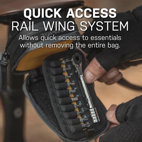 Close-up of Elementa GearBag Under-Seat Bike Bag With Dual Compartments showing quick access Rail Wing System and compact ratchet tool kit.
