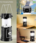 Collapsible Solar Camping Lantern With USB Rechargeable LED Flashlight showing solar and USB charge modes for indoor and outdoor use