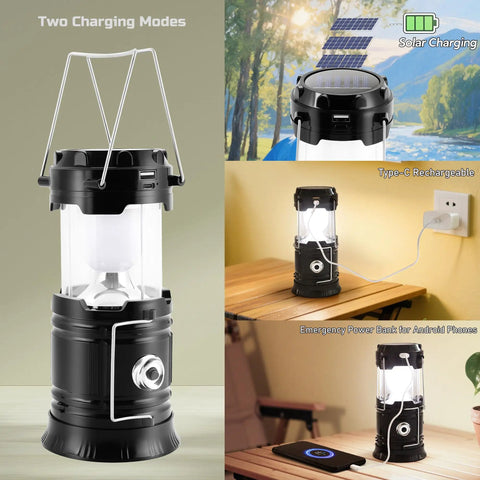 Collapsible Solar Camping Lantern With USB Rechargeable LED Flashlight showing solar and USB charge modes for indoor and outdoor use