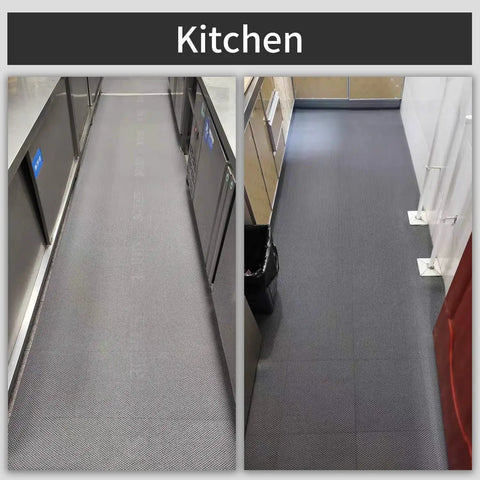 Heavy Duty PVC Drainage Mat 3 Ft By 10 Ft, One Quarter Inch Thick in kitchen setting, showing non-slip surface.