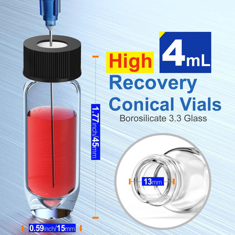 Front view of clear borosilicate conical vial with black screw cap, 4 mL, large opening; set of 6.