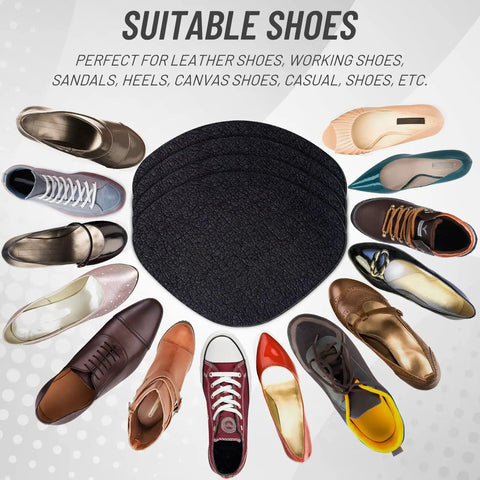 8 Pair Self Adhesive Shoe Hole Patches For Sneaker Repair To Keep Your Kicks Covered Leather Shoes And Heels Patch Kit With Large And Small Patches Durable Microfiber Leather Easy Adhesive Bond Black surrounded by various types of shoes.