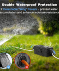 IP55 Weatherproof Outdoor Electrical Box with Detachable Awning Covers, black box protecting cord from sprinkler spray on grass.