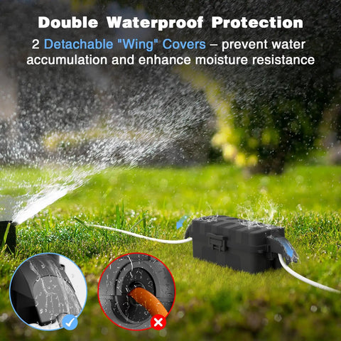 IP55 Weatherproof Outdoor Electrical Box with Detachable Awning Covers, black box protecting cord from sprinkler spray on grass.