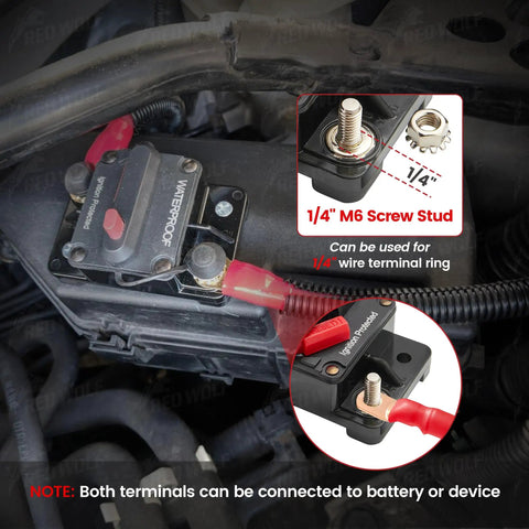 Waterproof 100Amp Circuit Breaker For Boats And Marine Gear, Inline Fuse With Manual Reset installed in vehicle engine bay