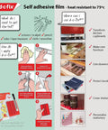 Infographic showing tools needed and steps for applying self-adhesive film, heat resistant to 75°C, for cabinets, furniture, and books.