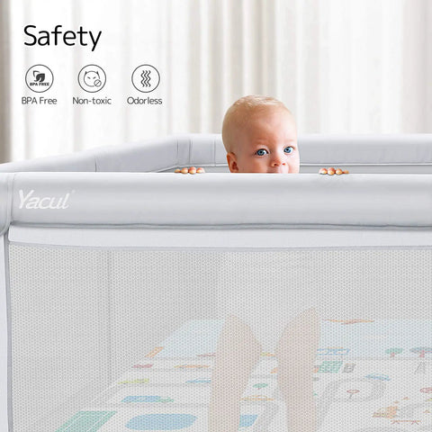 Baby in Extra Large Baby Playpen With Mat 79 By 71 Inches For Toddlers And Infants Safety Gate Play Yard In Light Gray