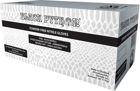 Heavy Duty Black Nitrile Gloves, 8 Mil Industrial Strength, box packaging with raised diamond texture, for grease protection.
