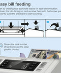 Diagram showing how to use Ultra Fast Money Counter With 2 Point Counterfeit Check Multicurrency Support Add Batch Modes