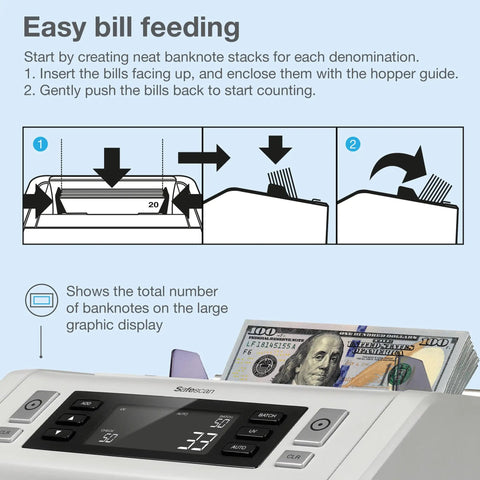 Diagram showing how to use Ultra Fast Money Counter With 2 Point Counterfeit Check Multicurrency Support Add Batch Modes