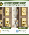 Built Tough Satin Brass Front Door Handle Set, weather-resistant zinc alloy with single cylinder deadbolt, outdoor and indoor finishes.