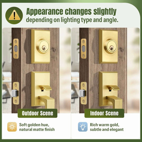 Built Tough Satin Brass Front Door Handle Set, weather-resistant zinc alloy with single cylinder deadbolt, outdoor and indoor finishes.