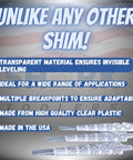 Precision Transparent Leveling Shims Invisible Wedges displayed on a background, highlighting features like clear plastic and adaptability.