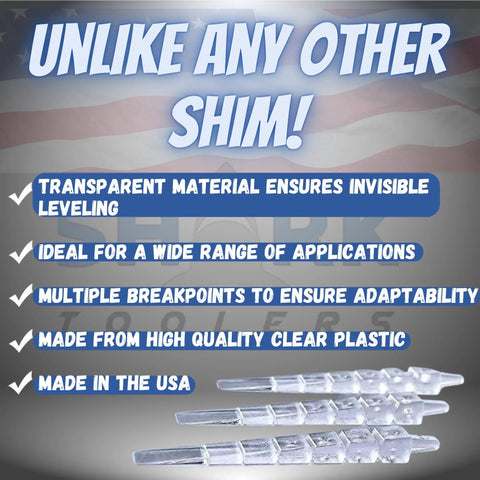 Precision Transparent Leveling Shims Invisible Wedges displayed on a background, highlighting features like clear plastic and adaptability.