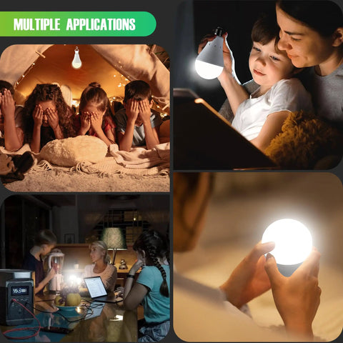 Rechargeable Emergency Light Bulbs 4 Pack shown in use for camping, reading, power outage, and handheld lighting.