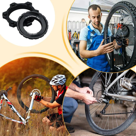 Center Lock Adapter For Bikes Lightweight Aluminum Disc Brake Rotor Upgrade with cyclists working on bike wheels and repairs.