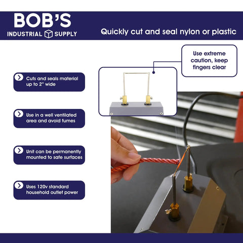 Electric Rope Cutter Hot Knife 30W With 932 Degrees Fahrenheit Rapid Heat Blade cutting synthetic rope, shown in a workshop setup.