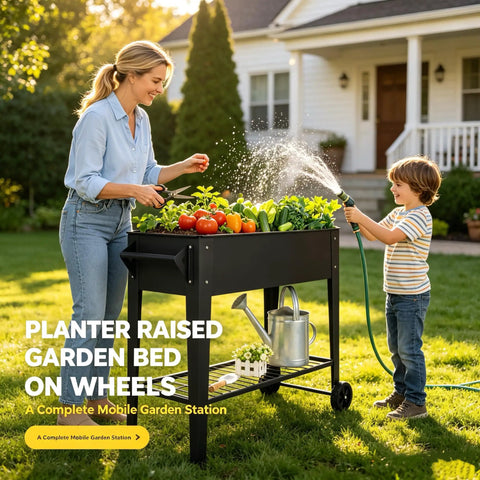 32 Inch Tall Raised Garden Bed On Wheels With Shelf Heavy Duty Anti Rust Steel Planter Box 400 Lbs Capacity Great For Veggies