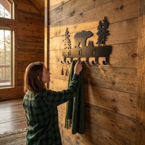 Metal Bear Coat Rack Wall Mount With Six Hooks For Hats Coats Towels Keys Bags And More Durable Black Finish on wood wall