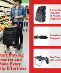 Woman using Bigger Trolley Dolly Foldable Black Shopping Cart in grocery store, featuring foldable design and organizer