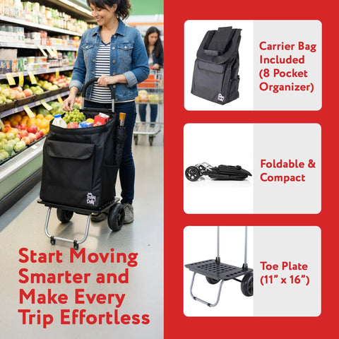 Woman using Bigger Trolley Dolly Foldable Black Shopping Cart in grocery store, featuring foldable design and organizer