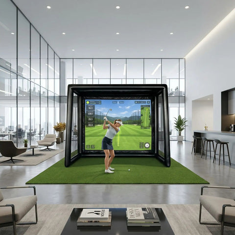 Inflatable Golf Simulator Enclosure With White Projection Screen, Portable Practice Net Tent For Indoor Outdoor Use, 1.5m L By 3.5m W By 2.8m H, Includes Air Pump For Home Garage Office Training in office setting