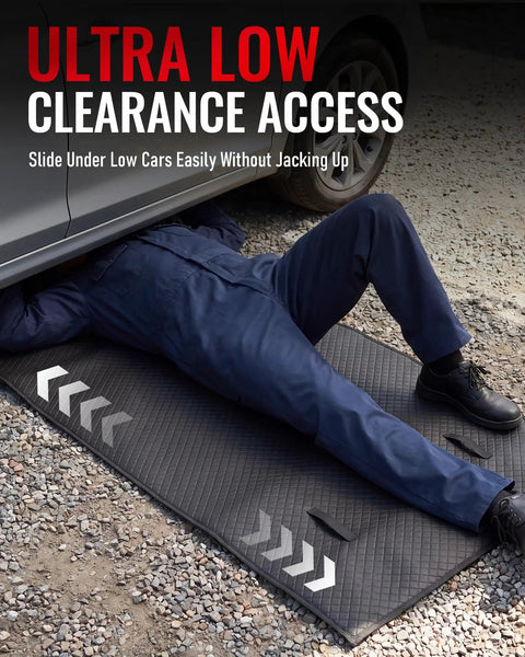 Mechanic using Creeper Rolling Mat Pro Grade 60 Inch By 28 Inch Portable Car Repair Mat with Foldable Mechanics Design under vehicle
