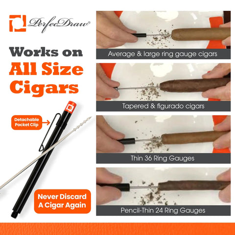 Cigar Draw Enhancer Tool And Nubber For Perfect Draw Every Time, Patented Technology, 5 Inch Accessory To Fix Tight Draws, Deliver Smooth Burns, Even Ash, And Consistent Hits On The Go. Black metal cigar tool with pocket clip, shown for all ring gauges.