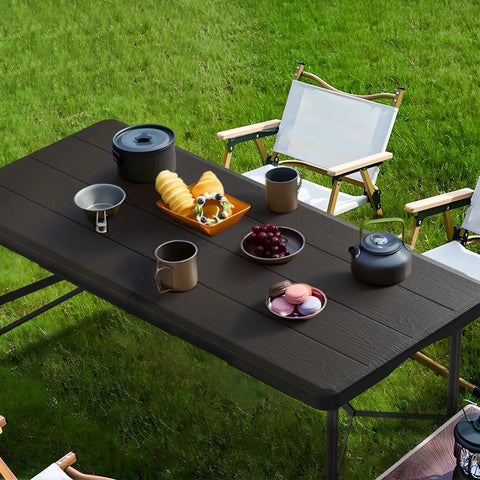 4 Foot Folding Table Portable Heavy Duty 400 Lb Capacity With Wood Grain Top Anti Slip Feet set for outdoor garden dining