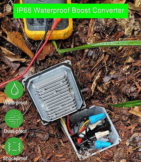 IP68 waterproof 12V To 48V Boost Converter 288W 6A Step Up Voltage Regulator shown open on leafy ground.