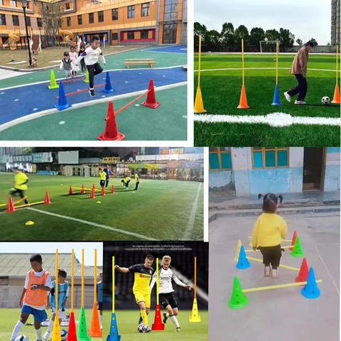 Agility Hurdle Cone Set With Detachable Slalom Poles, 5-Piece Training Kit used in various outdoor training settings.