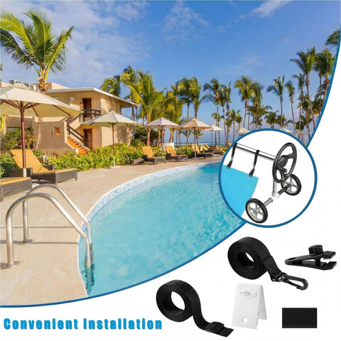 Universal Pool Solar Cover Reel Attachment Kit With Heavy Duty Straps And Clips For Inground Swimming Pools Hella Secure Grip Keeps Blanket Locked Down Sweet by the poolside with equipment