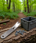 Pocket Size Stainless Steel Crowbar Pry Bar Widgy Bar EDC Tool for Bushcraft and Survival on wood with screws and box