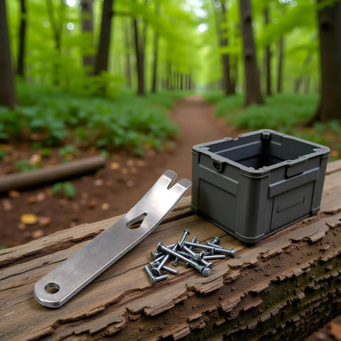 Pocket Size Stainless Steel Crowbar Pry Bar Widgy Bar EDC Tool for Bushcraft and Survival on wood with screws and box