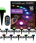 Lit Color Changing LED Landscape Path Lights Kit with 12 small outdoor lights and remote control, showcasing color options.