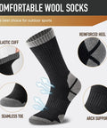 Merino Wool Hiking Crew Socks For Men And Women with elastic cuff and arch support, black 50% merino blend, moisture wicking, 3 pairs