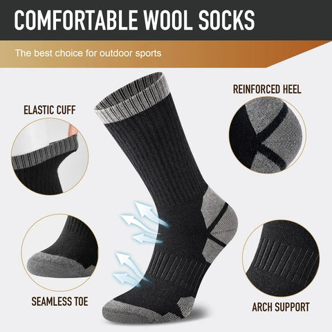 Merino Wool Hiking Crew Socks For Men And Women with elastic cuff and arch support, black 50% merino blend, moisture wicking, 3 pairs