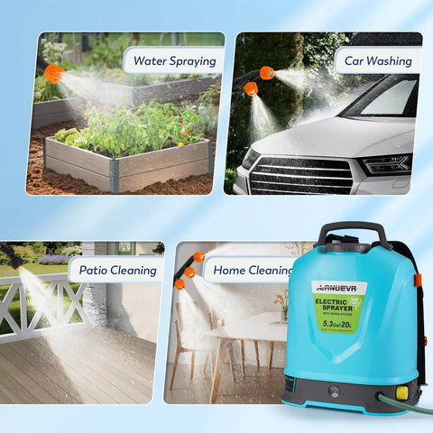 Battery Powered Backpack Sprayer 5.28 Gallons 20L With Mixing System And Telescopic Wand shown used for watering, car washing, and cleaning