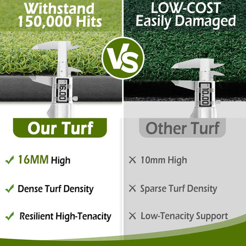 Comparison of 31mm Thick Golf Mat with competitor, showing 16mm high-density turf and robust 150,000 hits durability.