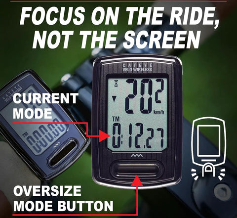 Velo Wireless Bike Computer with Real Time Speed and Pace Arrow, showing 20.2 km/h speed, sleek black design, on bike handlebars.