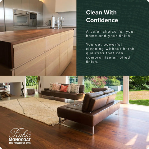 Modern kitchen and living room showcasing Go-To Wood Finish Safe Cleaning Soap For Floors, Furniture, And Cabinets, Non-Caustic, Dilutable 2-Liter